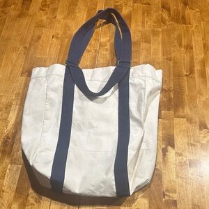 J. Crew Nautical Style White Tote Bag with Navy Straps (Long and Short Handles)